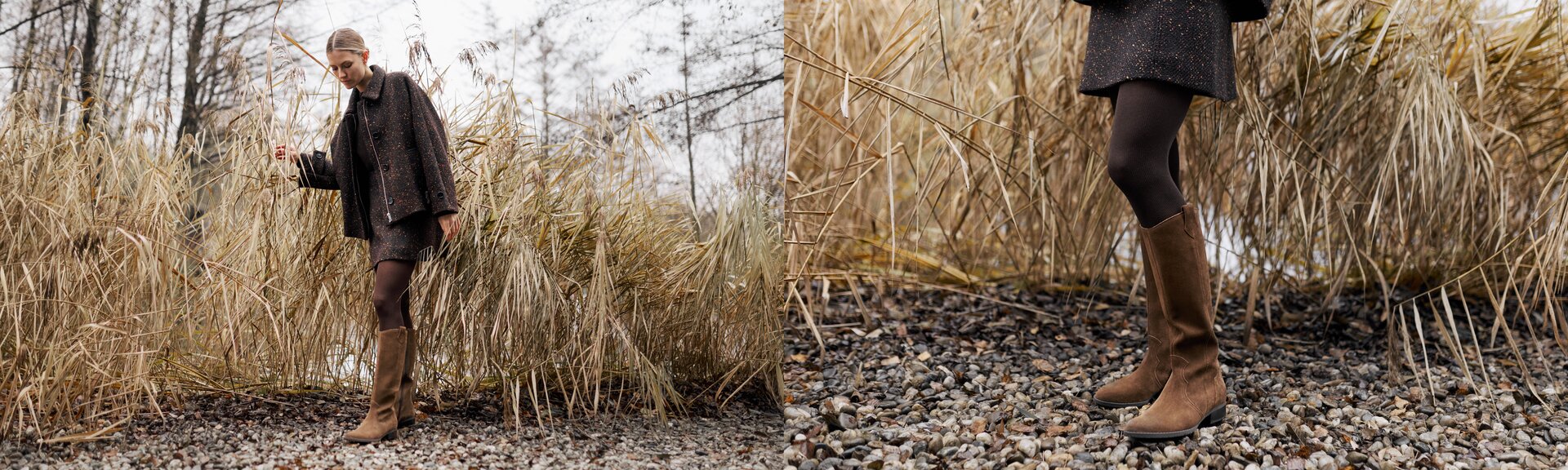 Une femme se tient dans la nature automnale sur un chemin de gravier, porte des bottes marron, une veste marron et une jupe courte, et s’appuie contre de hautes roseaux secs. | © Gabor Shoes GmbH, Allemagne