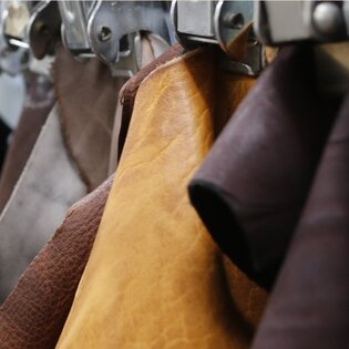 Plusieurs morceaux de cuir de différentes couleurs sont suspendus en rangée, triés par des pinces métalliques. | © Gabor Shoes GmbH, Allemagne