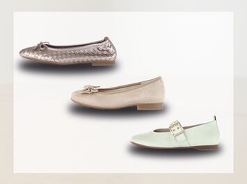 Trois chaussures plates pour femme sont présentées l’une sous l’autre : en haut, une chaussure tressée à effet métallique avec nœud ; au centre, une chaussure en daim beige avec nœud ; en bas, une chaussure vert clair avec boucle. | © Gabor Shoes GmbH, Allemagne