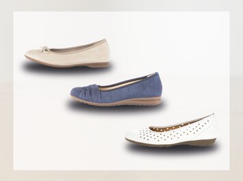 Trois ballerines différentes pour femme sur fond blanc : en haut beige avec nœud, au centre bleu avec nœud, en bas blanc avec motif perforé. | © Gabor Shoes GmbH, Allemagne