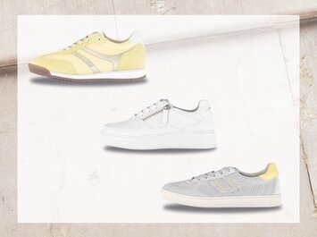 Trois sneakers en couleurs pastel sur fond clair : en haut, une sneaker jaune ; au centre, une sneaker blanche avec fermeture éclair ; en bas, une sneaker gris clair avec détail jaune au talon. | © Gabor Shoes GmbH, Allemagne