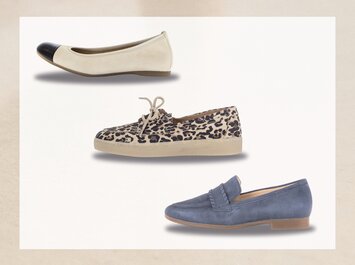 Trois chaussures pour femme l’une sous l’autre : une ballerine beige avec bout noir, une sneaker à motif léopard et nœud, et un loafer bleu. | © Gabor Shoes GmbH, Allemagne