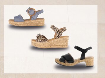 Trois sandales pour femme avec une semelle plate et large en liège : une sandale bleue en haut à gauche, une sandale marron au centre et une sandale multicolore avec des brides blanches, vertes, jaunes et violettes en bas à droite. Toutes les sandales ont une bride à la cheville avec une boucle. | © Gabor Shoes GmbH, Allemagne