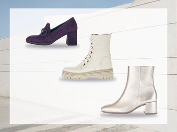 Trois chaussures pour femme sur fond clair : en haut à gauche, un loafer en velours violet avec talon ; au centre, une bottine blanche à lacets ; en bas à droite, une bottine argentée. | © Gabor Shoes GmbH, Allemagne