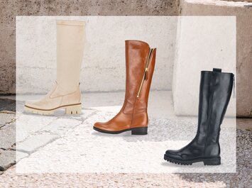Trois bottes hauteur genou pour femme sont alignées sur un sol clair : une botte beige à gauche, une botte en cuir marron avec fermeture éclair latérale au centre, et une botte noire à semelle épaisse à droite. | © Gabor Shoes GmbH, Allemagne