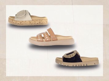 Trois mules pour femme sont présentées sur un fond clair : en haut, une sandale beige avec une semelle en tresse, au centre, une sandale marron avec des clous et en bas, une sandale bleu foncé avec une bride décorative. | © Gabor Shoes GmbH, Allemagne