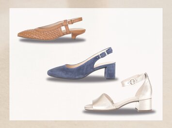 Trois chaussures pour femme à talon, chacune en marron, bleu et argent, sont disposées l’une sous l’autre sur un fond clair. | © Gabor Shoes GmbH, Allemagne
