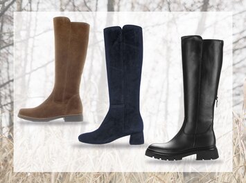 Trois paires de bottes hauteur genou. De gauche à droite : bottes en daim marron, bottes en daim bleu foncé, bottes en cuir noir avec semelle profilée. | © Gabor Shoes GmbH, Allemagne