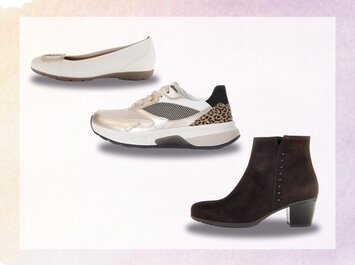 Trois chaussures pour femme différentes sont visibles : une ballerine blanche, une sneaker sportive à motif léopard et une bottine marron foncé à talon. | © Gabor Shoes GmbH, Allemagne