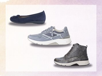 Trois chaussures pour femme différentes sont visibles : une ballerine bleu foncé, une sneaker bleu clair et une bottine grise à lacets. | © Gabor Shoes GmbH, Allemagne