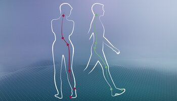 Deux silhouettes stylisées montrent des postures corporelles en position debout et en marche, avec des lignes dessinées pour représenter l’axe du corps. | © Gabor Shoes GmbH, Allemagne