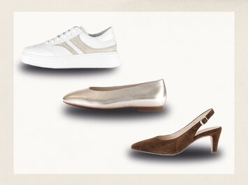 Trois chaussures pour femme sont disposées l’une sous l’autre sur un fond clair : en haut à gauche, une sneaker blanche à rayures beiges, au centre, une ballerine plate argentée, en bas à droite, une slingpumps marron à talon moyen. | © Gabor Shoes GmbH, Allemagne