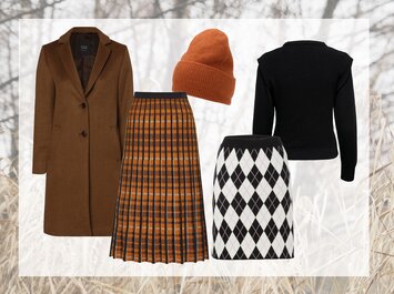 Plusieurs tenues d’automne. De gauche à droite : manteau marron, jupe plissée longue à motif à carreaux orange, bonnet tricoté orange, pull en maille noir, jupe courte à motif losange noir et blanc. | © aboutyou.de 