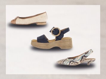 Trois chaussures pour femme sur fond clair. En haut, une ballerine plate beige avec bout marron et nœud. Au centre, une sandale bleu foncé avec large semelle en bois et grande boucle ronde. En bas, une chaussure semi-ouverte à talon bas en cuir serpent brillant et multicolore. | © Gabor Shoes GmbH, Allemagne