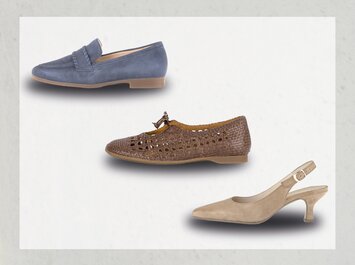 Trois chaussures pour femme différentes sont alignées les unes sous les autres sur un fond clair : en haut, un mocassin bleu ; au milieu, une ballerine marron tressée à motif perforé et nœud ; en bas, un slingback beige à petit talon et boucle. | © Gabor Shoes GmbH, Allemagne