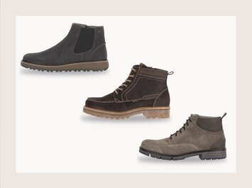 Trois bottines pour homme sont alignées sur un fond clair : une chelsea boot foncée, une bottine marron à lacets avec semelle claire et surpiqûres contrastées, ainsi qu’une bottine grise à lacets avec détails en cuir. | © Gabor Shoes GmbH, Allemagne