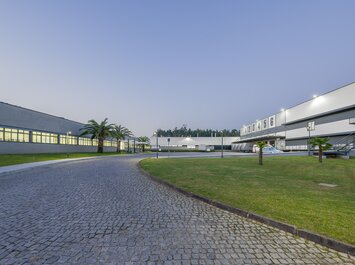 Site industriel ou logistique moderne avec palmiers et allée pavée. | © Gabor Shoes GmbH, Allemagne