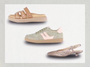 Trois chaussures pour femme différentes sur un fond clair : en haut, une sandale marron avec des clous ; au milieu, une basket sportive beige et rose ; en bas, une élégante slingback plate tressée  | © Gabor Shoes GmbH, Allemagne